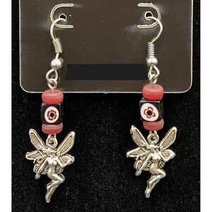 Handmade Fairy with Black & Maroon Glass Bead Earrings by Neanie-Bot